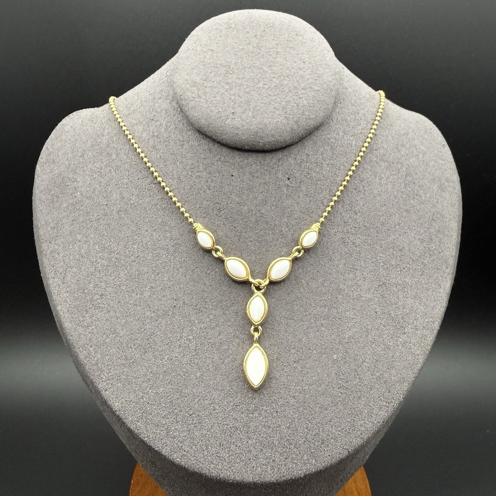 Vintage Liz Claiborne White Cabochon Gold Tone Statement Y Drop Pendant Necklace